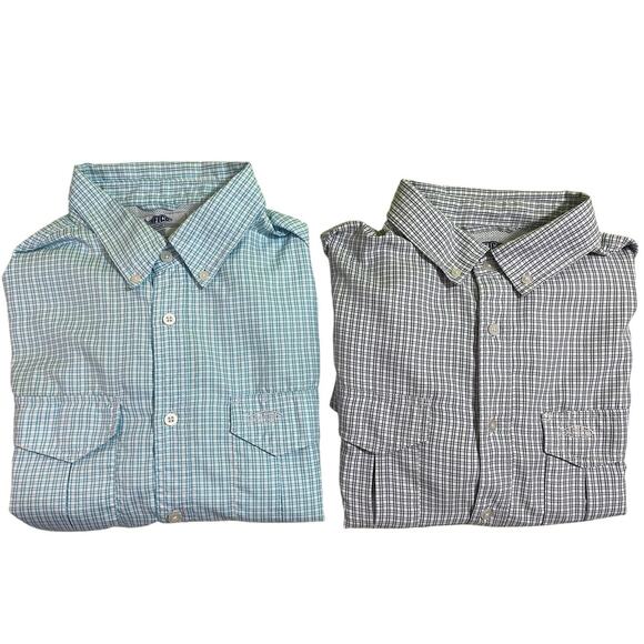 AFTCO Shirt Size L Light Checkered Short Sleeve Button-Up Coastal Utility Style - Picture 7 of 11